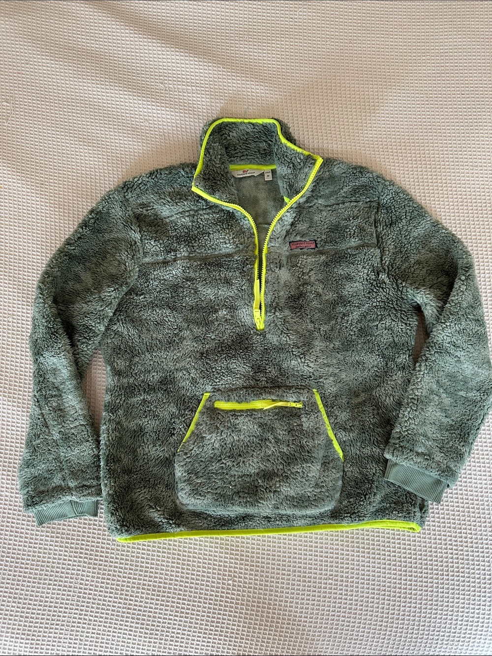 Vineyard Vines Olive Green Plush Half-Zip Turtleneck with Neon Trim sz M